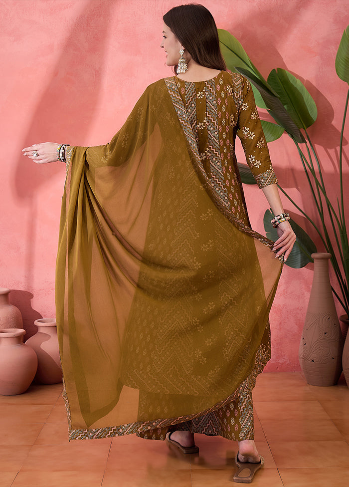 3 Pc Brown Readymade Silk Dupatta Suit Set