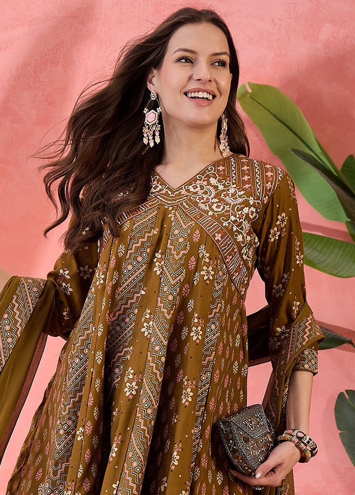 3 Pc Brown Readymade Silk Dupatta Suit Set