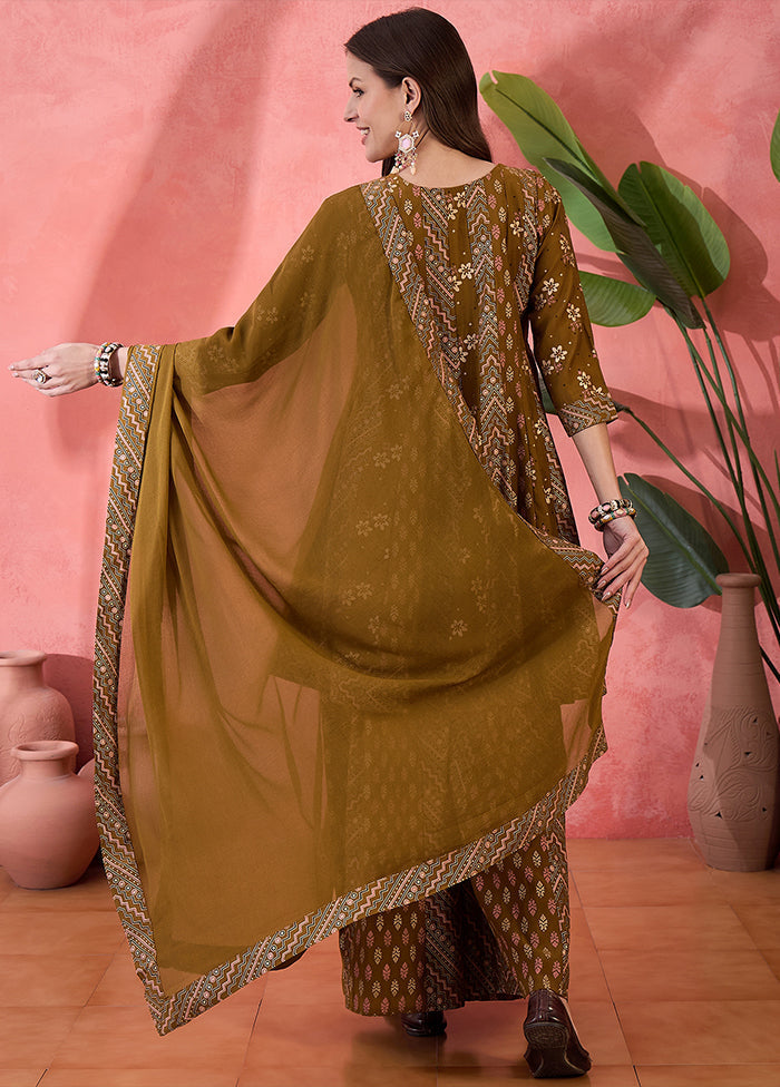 3 Pc Brown Readymade Silk Dupatta Suit Set