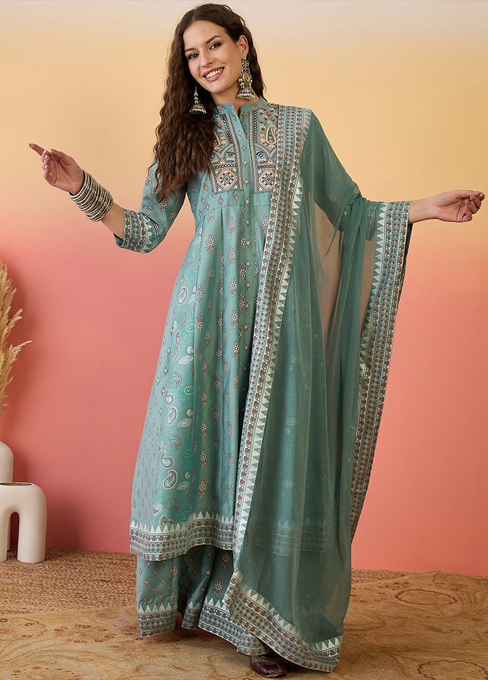 3 Pc Sea Green Readymade Silk Dupatta Suit Set
