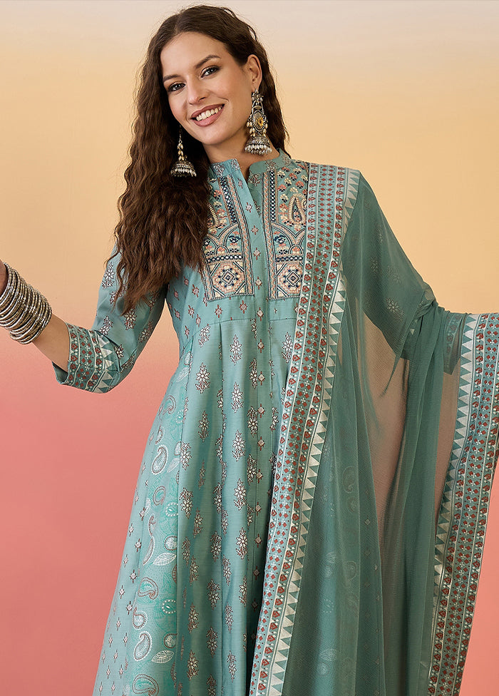 3 Pc Sea Green Readymade Silk Dupatta Suit Set