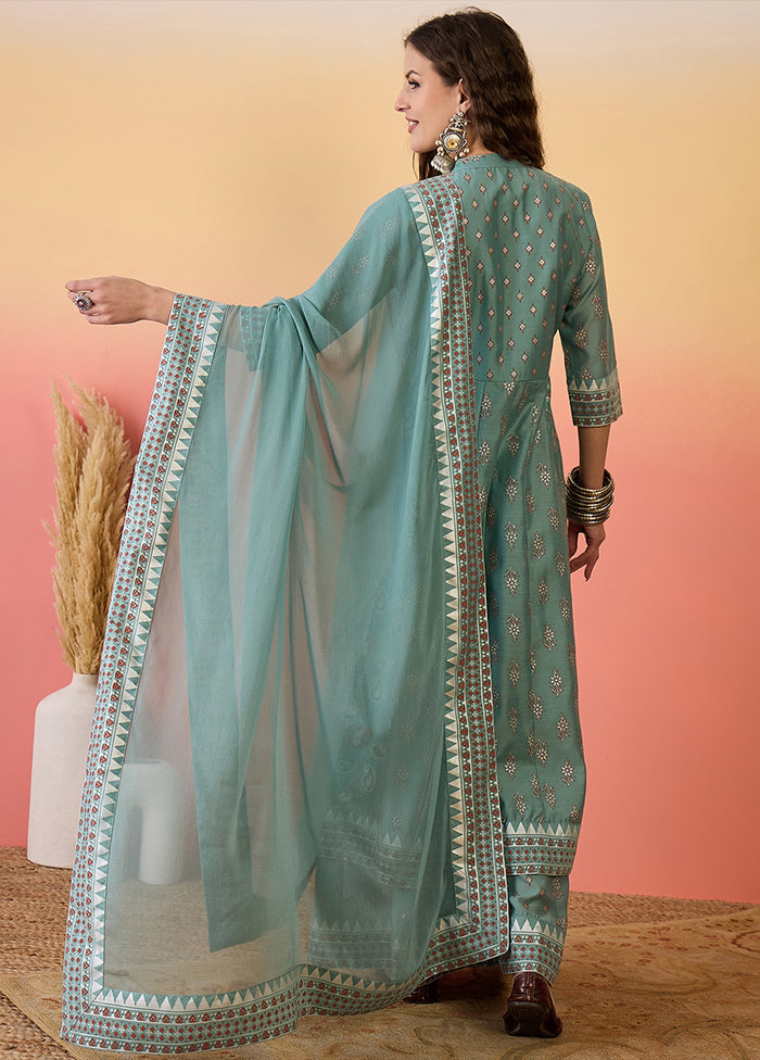 3 Pc Sea Green Readymade Silk Dupatta Suit Set