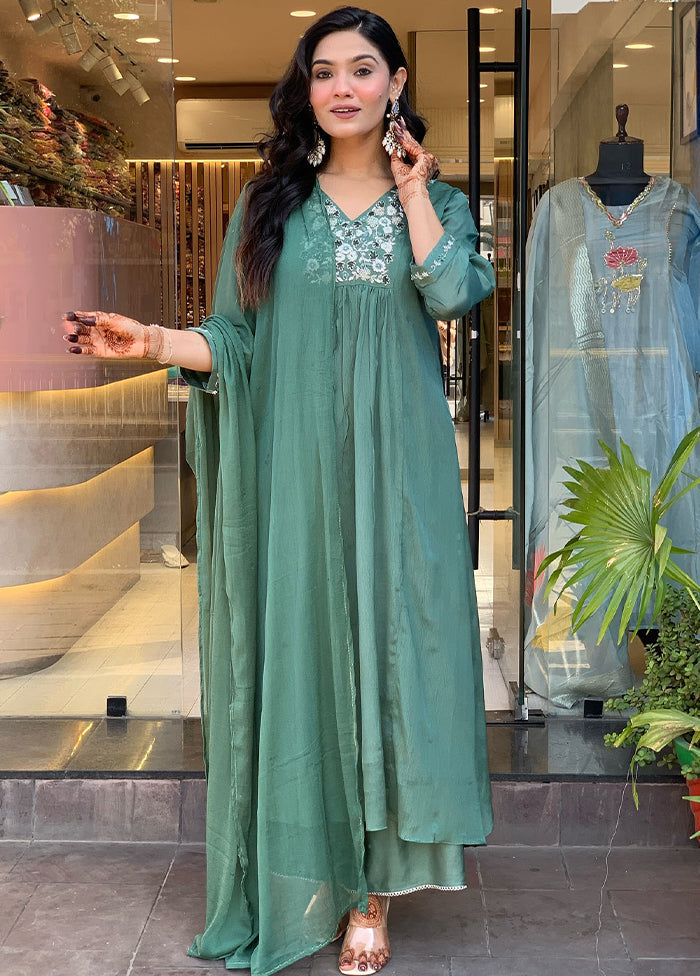 3 Pc Green Readymade Viscose Dupatta Suit Set