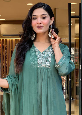 3 Pc Green Readymade Viscose Dupatta Suit Set