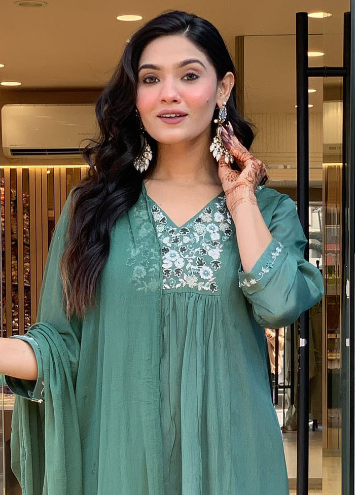 3 Pc Green Readymade Viscose Dupatta Suit Set