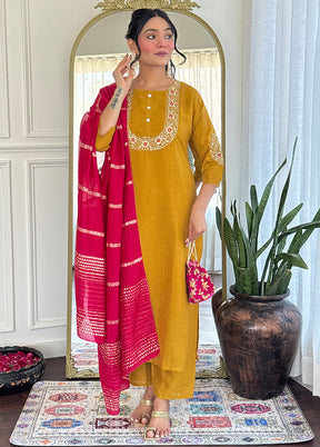 3 Pc Mustard Readymade Silk Dupatta Suit Set