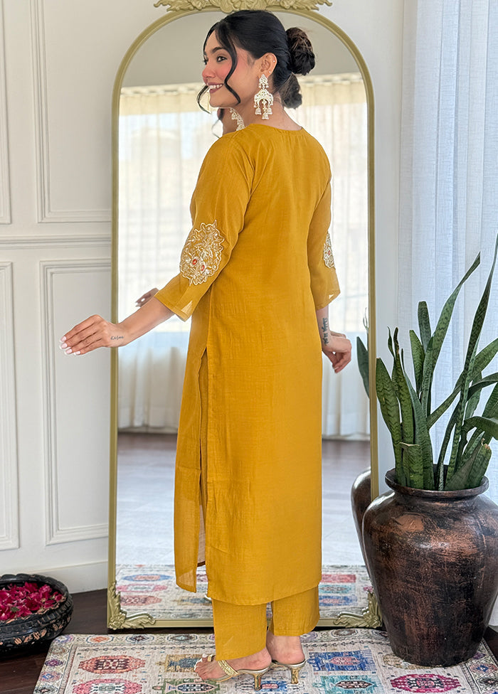 3 Pc Mustard Readymade Silk Dupatta Suit Set