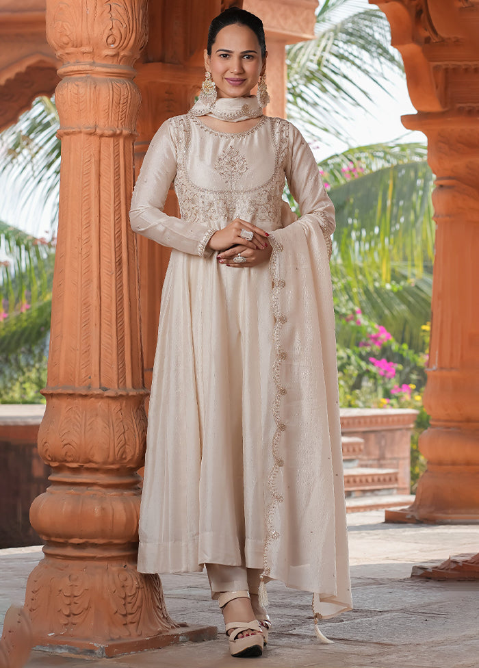 3 Pc Cream Readymade Silk Dupatta Suit Set