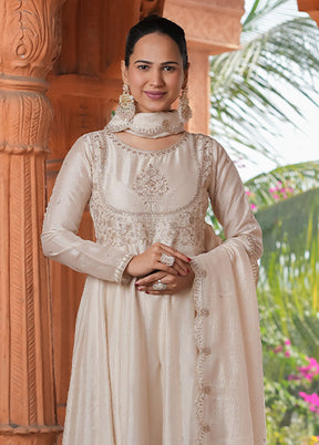 3 Pc Cream Readymade Silk Dupatta Suit Set