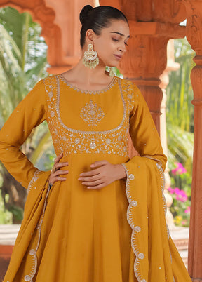 3 Pc Mustard Readymade Silk Dupatta Suit Set