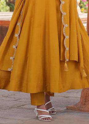 3 Pc Mustard Readymade Silk Dupatta Suit Set