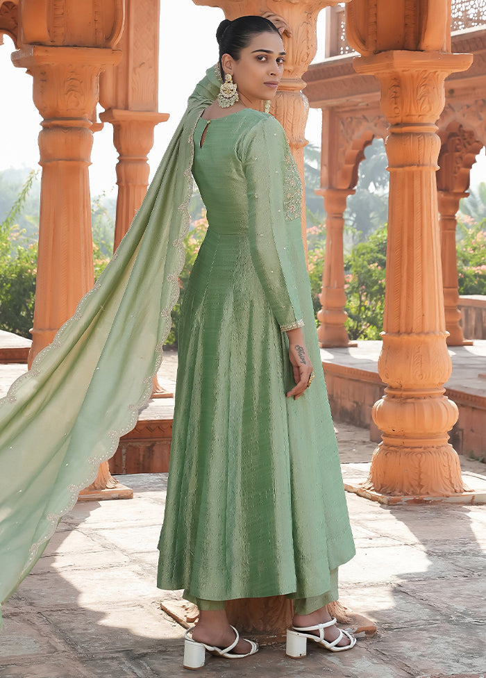 3 Pc Pista Green Readymade Silk Dupatta Suit Set