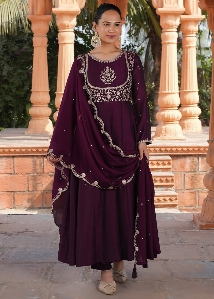 3 Pc Purple Readymade Silk Dupatta Suit Set