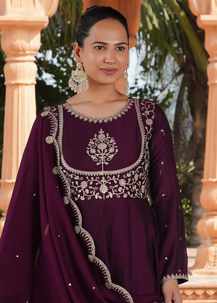 3 Pc Purple Readymade Silk Dupatta Suit Set