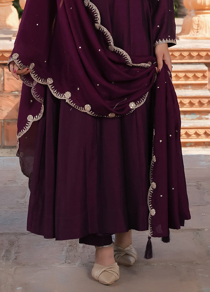 3 Pc Purple Readymade Silk Dupatta Suit Set