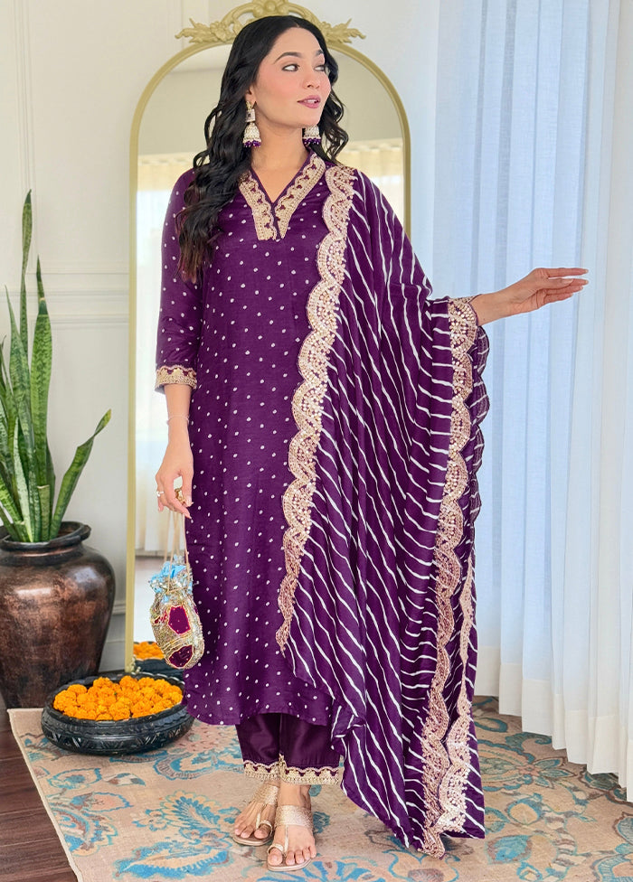 3 Pc Wine Readymade Silk Dupatta Suit Set