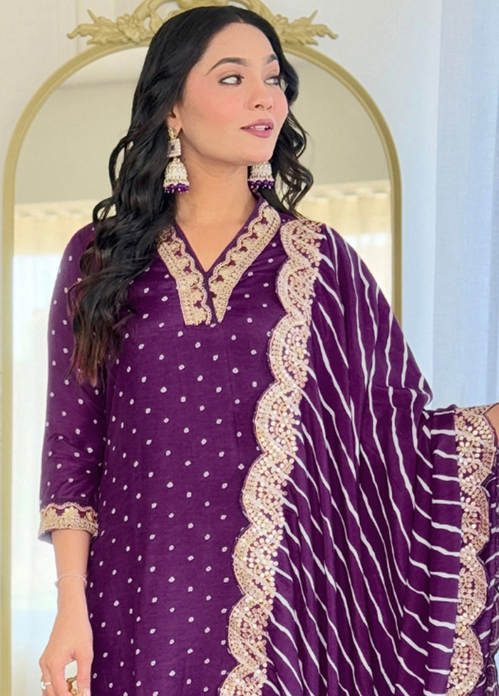 3 Pc Wine Readymade Silk Dupatta Suit Set