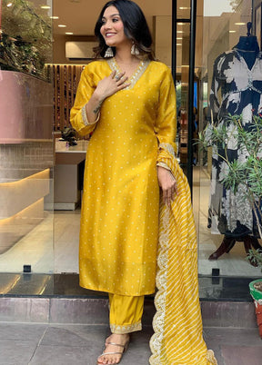 3 Pc Yellow Readymade Silk Dupatta Suit Set
