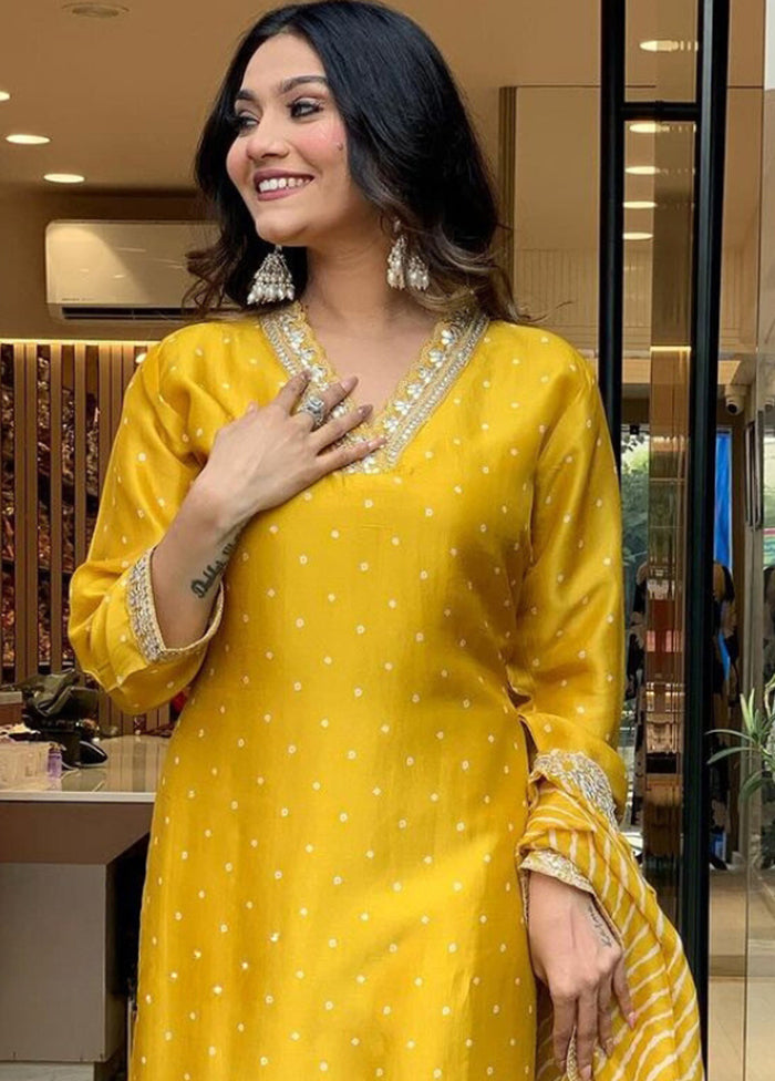 3 Pc Yellow Readymade Silk Dupatta Suit Set