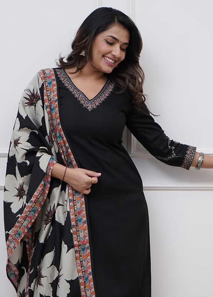 3 Pc Black Readymade Viscose Dupatta Suit Set