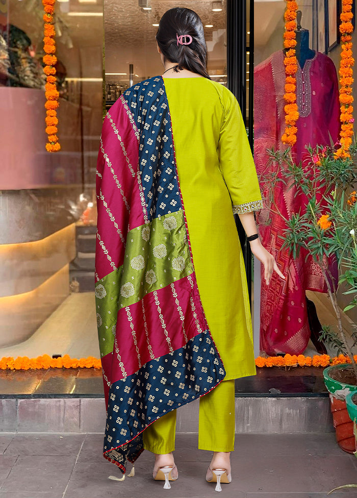 3 Pc Lemon Readymade Viscose Dupatta Suit Set