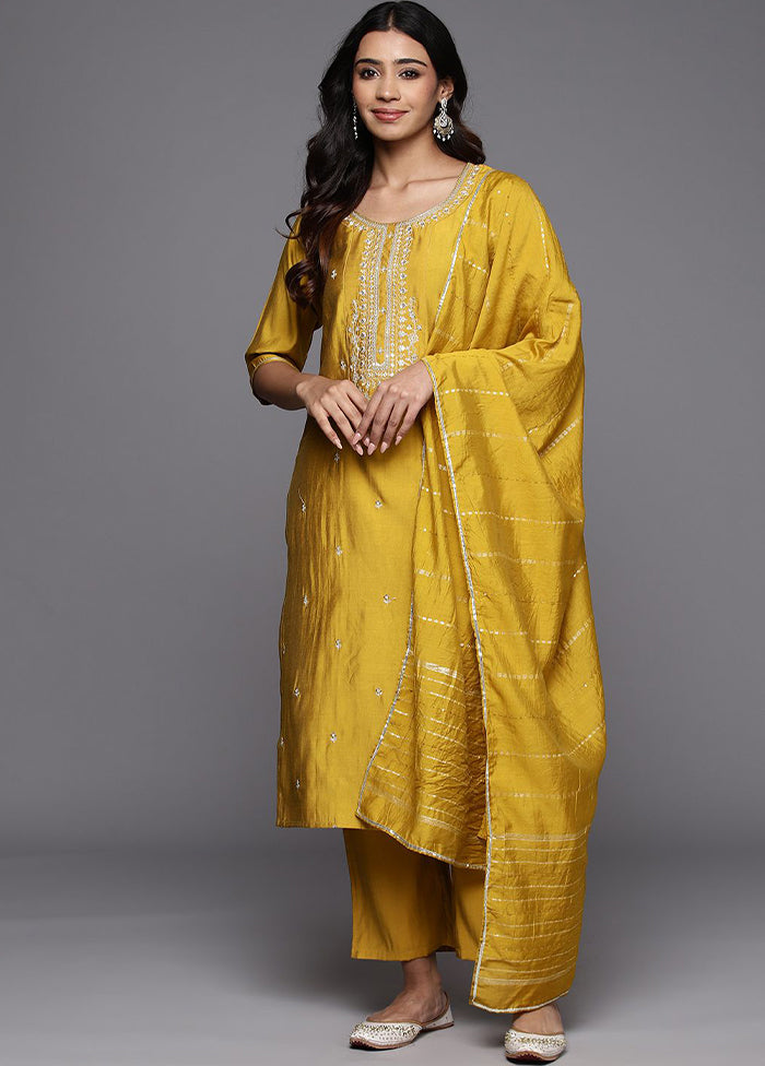 3 Pc Mustard Readymade Viscose Dupatta Suit Set
