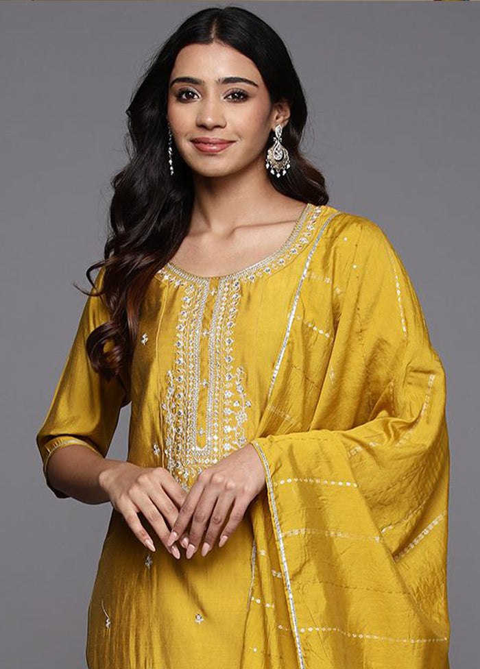 3 Pc Mustard Readymade Viscose Dupatta Suit Set