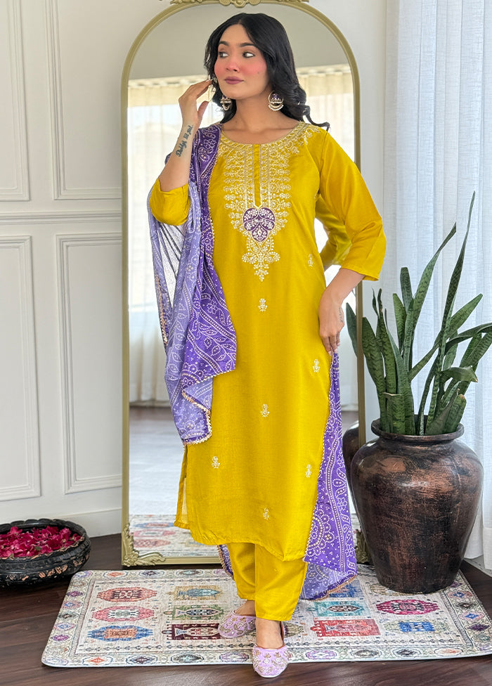 3 Pc Mustard Readymade Silk Dupatta Suit Set