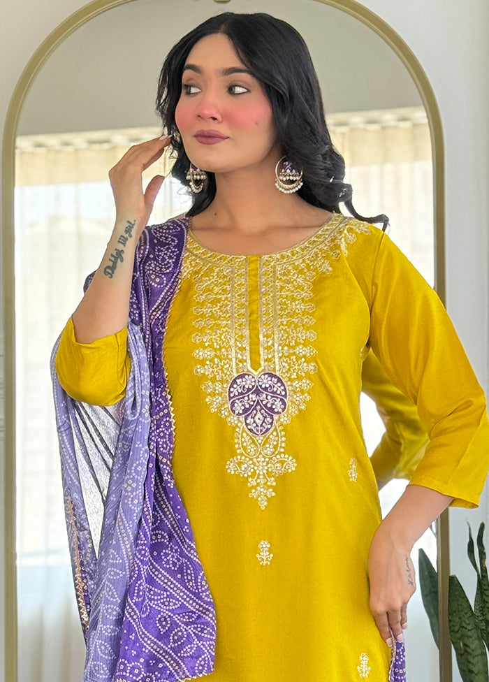 3 Pc Mustard Readymade Silk Dupatta Suit Set