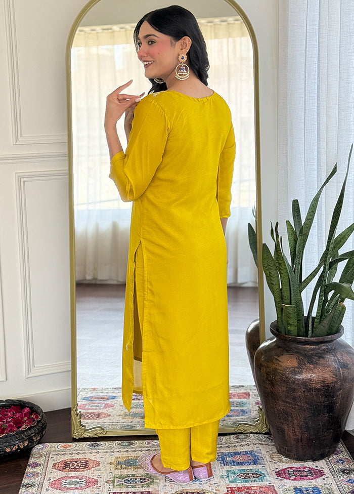 3 Pc Mustard Readymade Silk Dupatta Suit Set