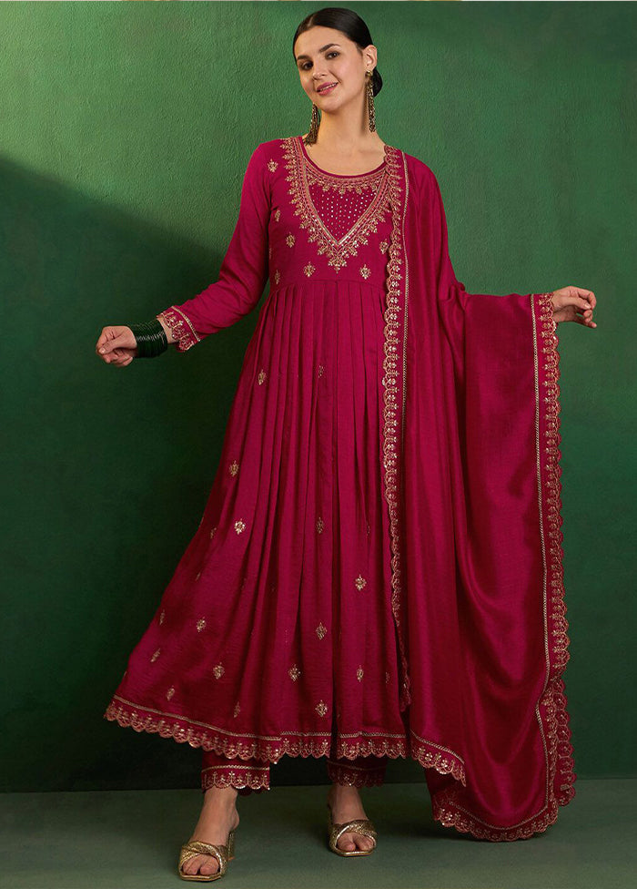 3 Pc Red Readymade Silk Dupatta Suit Set