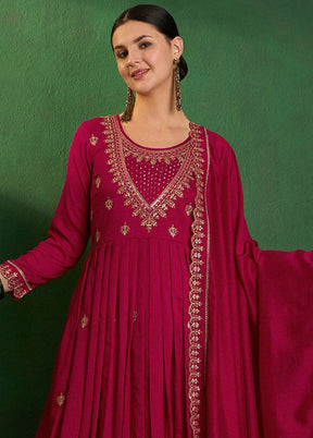 3 Pc Red Readymade Silk Dupatta Suit Set