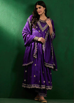 3 Pc Purple Readymade Silk Dupatta Suit Set