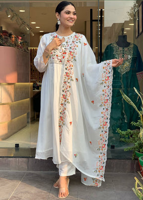 3 Pc White Readymade Viscose Dupatta Suit Set