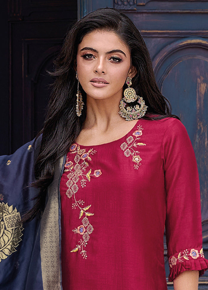 3 Pc Red Readymade Viscose Dupatta Suit Set