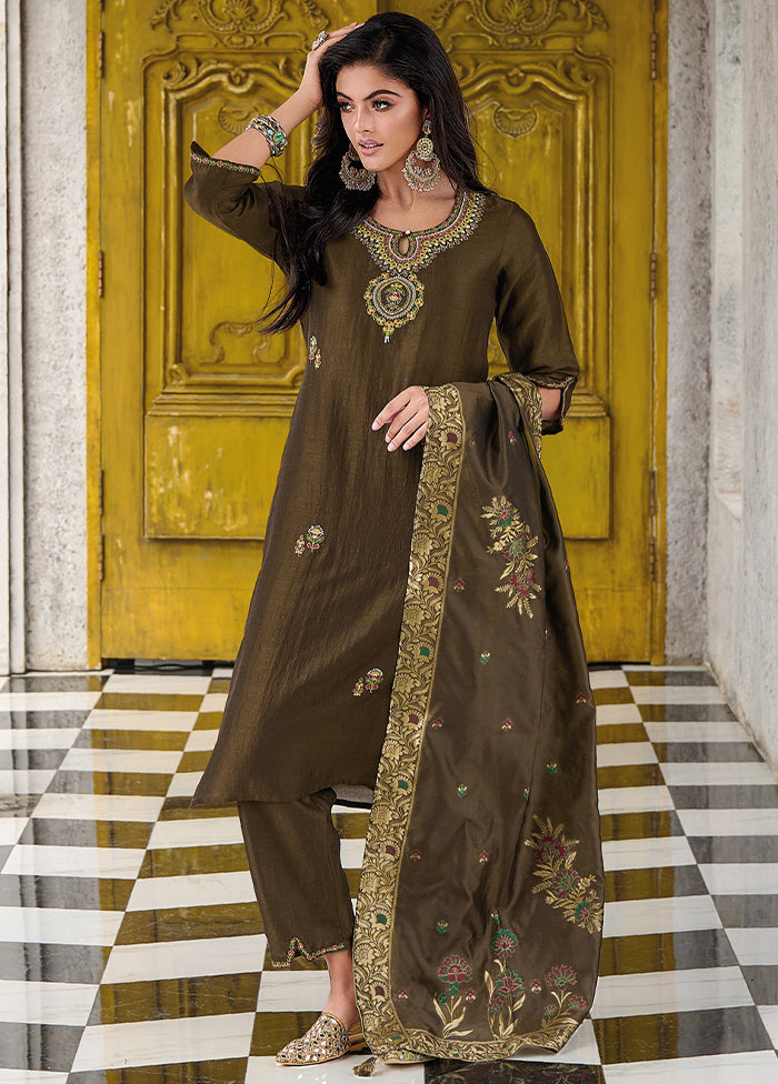 3 Pc Grey Readymade Viscose Dupatta Suit Set