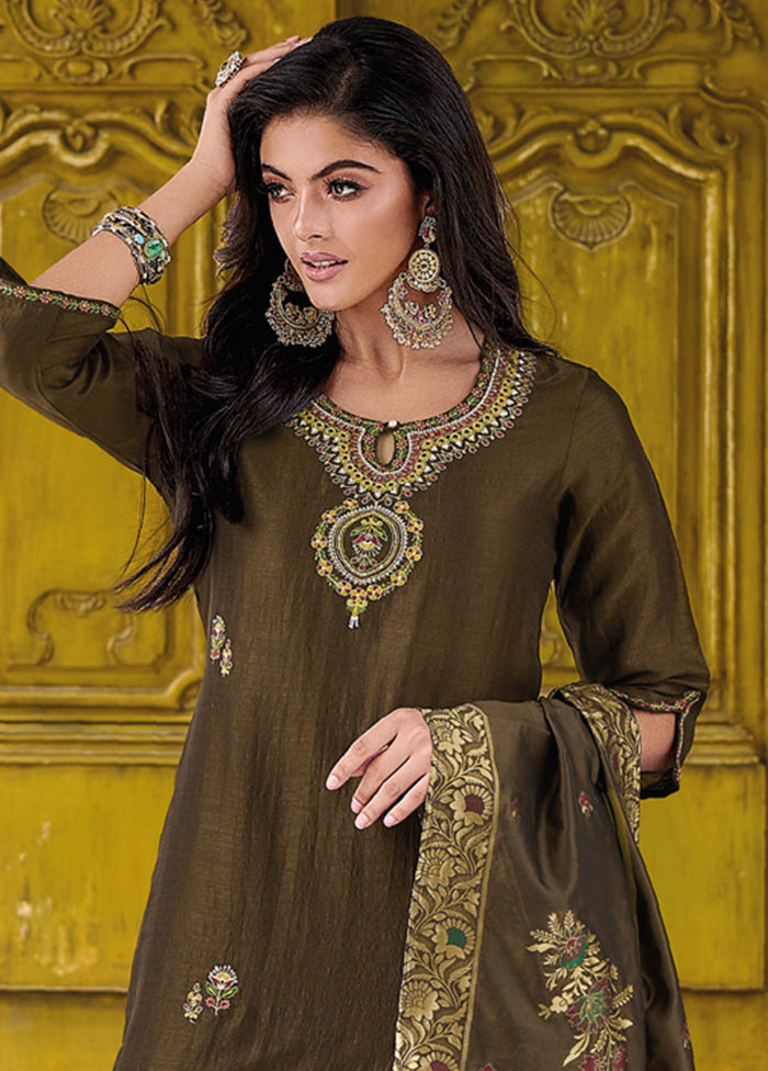 3 Pc Grey Readymade Viscose Dupatta Suit Set