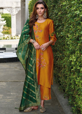 3 Pc Mustard Readymade Viscose Dupatta Suit Set