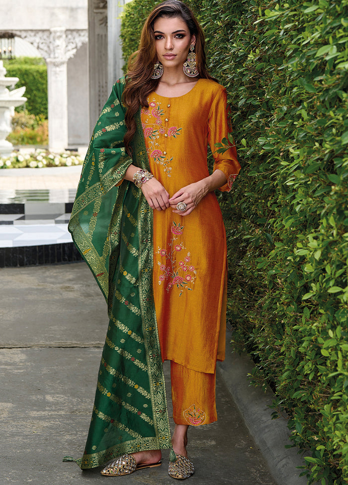 3 Pc Mustard Readymade Viscose Dupatta Suit Set