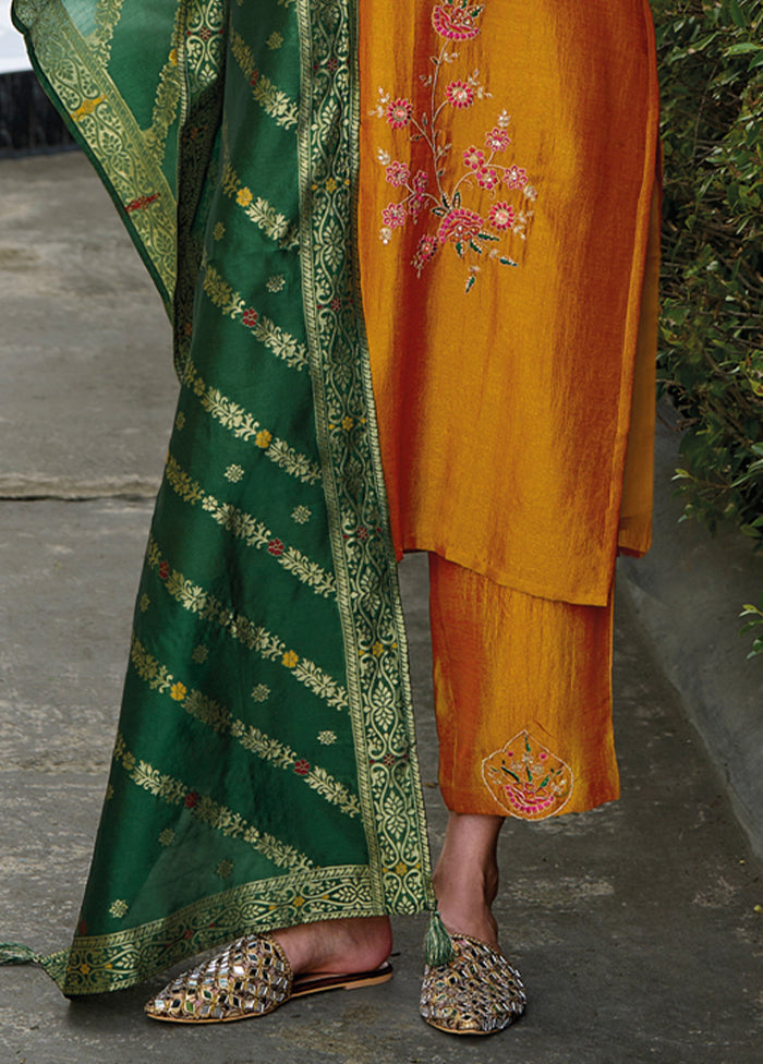 3 Pc Mustard Readymade Viscose Dupatta Suit Set
