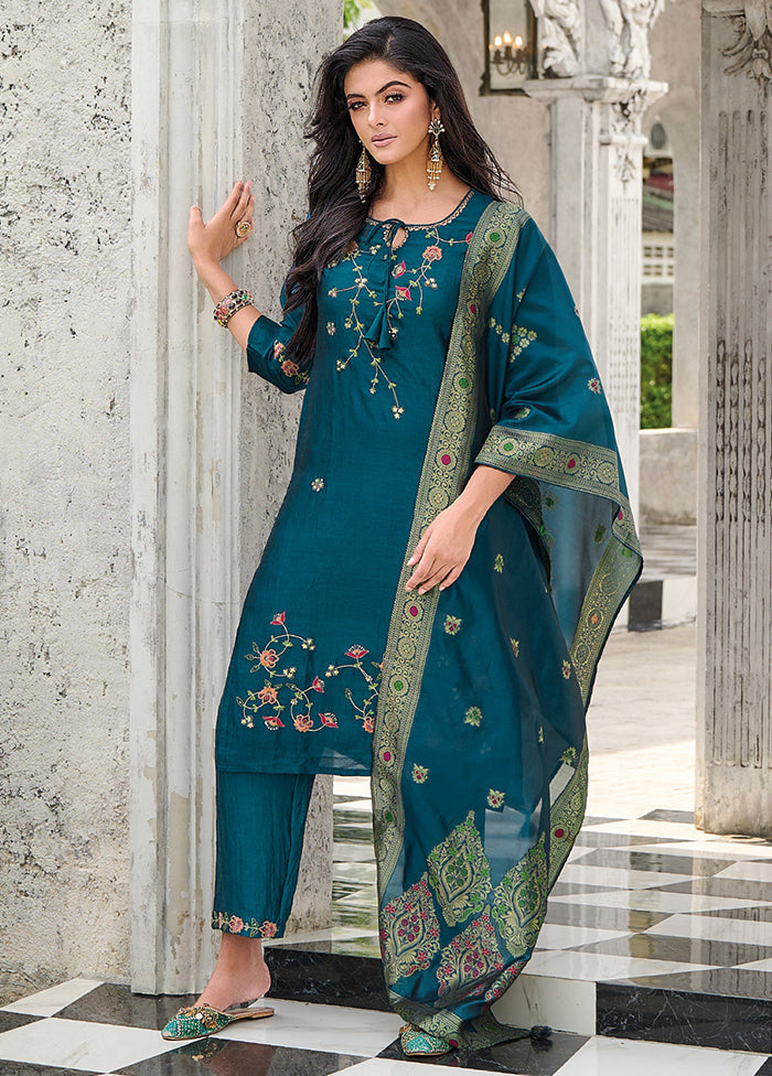 3 Pc Teal Readymade Viscose Dupatta Suit Set
