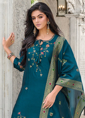 3 Pc Teal Readymade Viscose Dupatta Suit Set