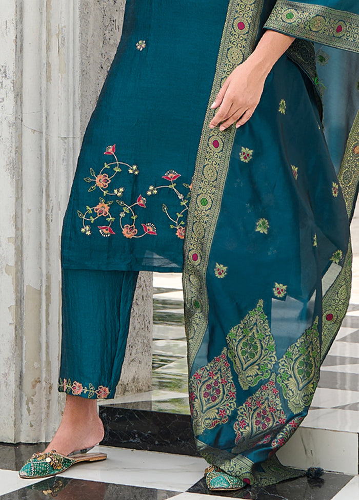 3 Pc Teal Readymade Viscose Dupatta Suit Set