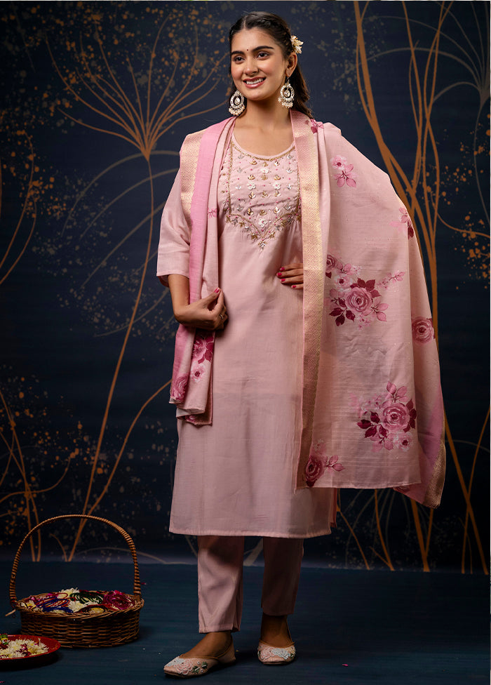 3 Pc Baby Pink Readymade Silk Dupatta Suit Set