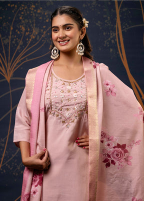 3 Pc Baby Pink Readymade Silk Dupatta Suit Set