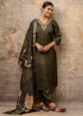 3 Pc Green Readymade Silk Dupatta Suit Set