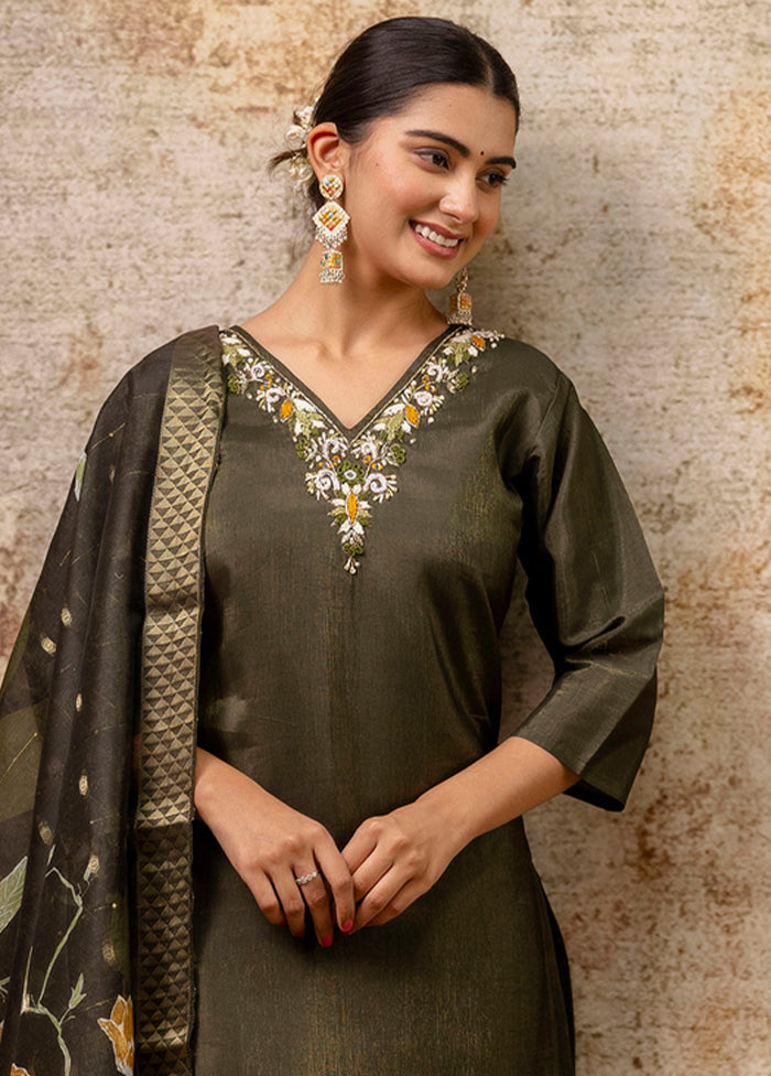 3 Pc Green Readymade Silk Dupatta Suit Set