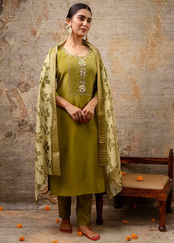 3 Pc Mehendi Readymade Silk Dupatta Suit Set
