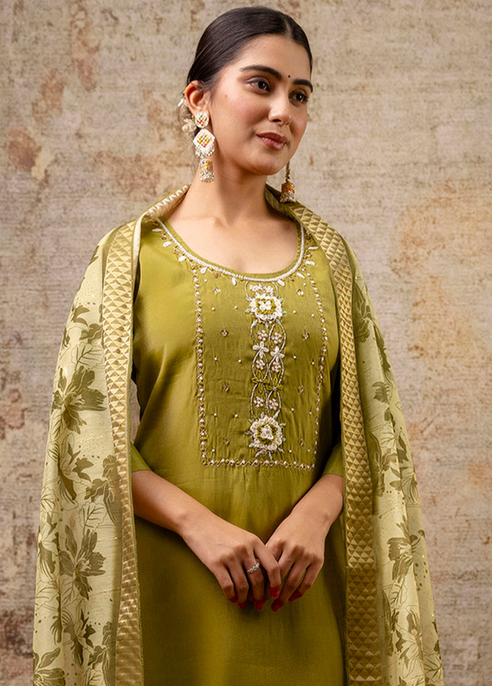 3 Pc Mehendi Readymade Silk Dupatta Suit Set