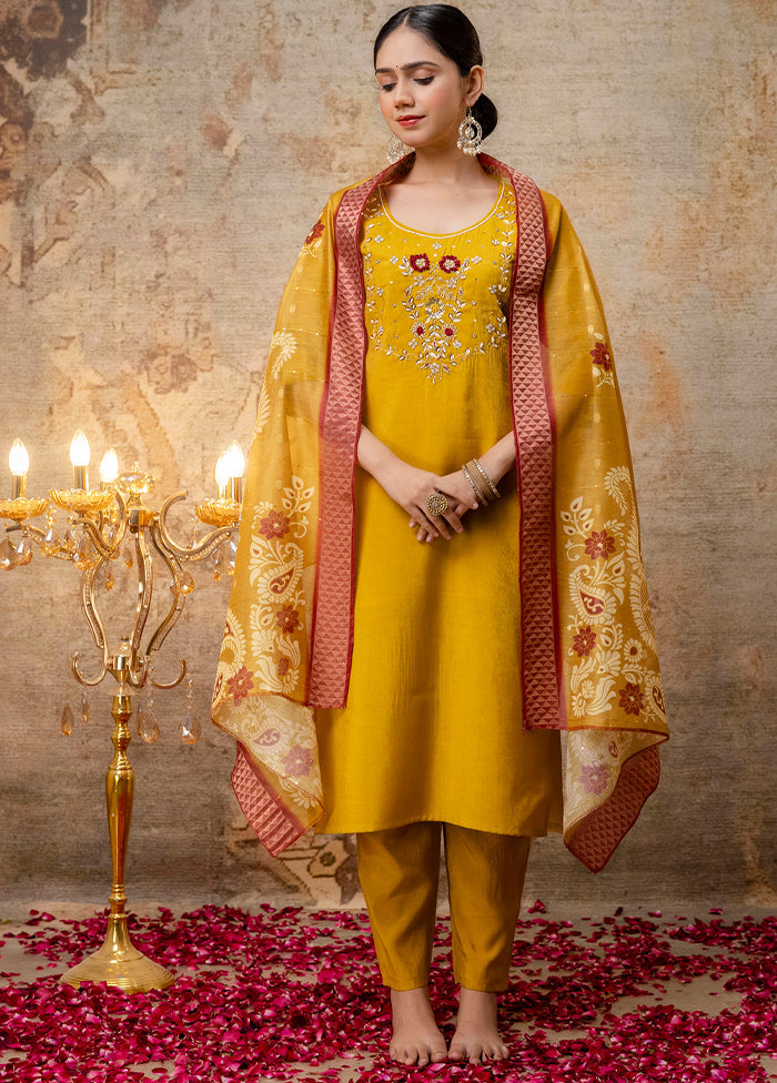 3 Pc Mustard Readymade Silk Dupatta Suit Set